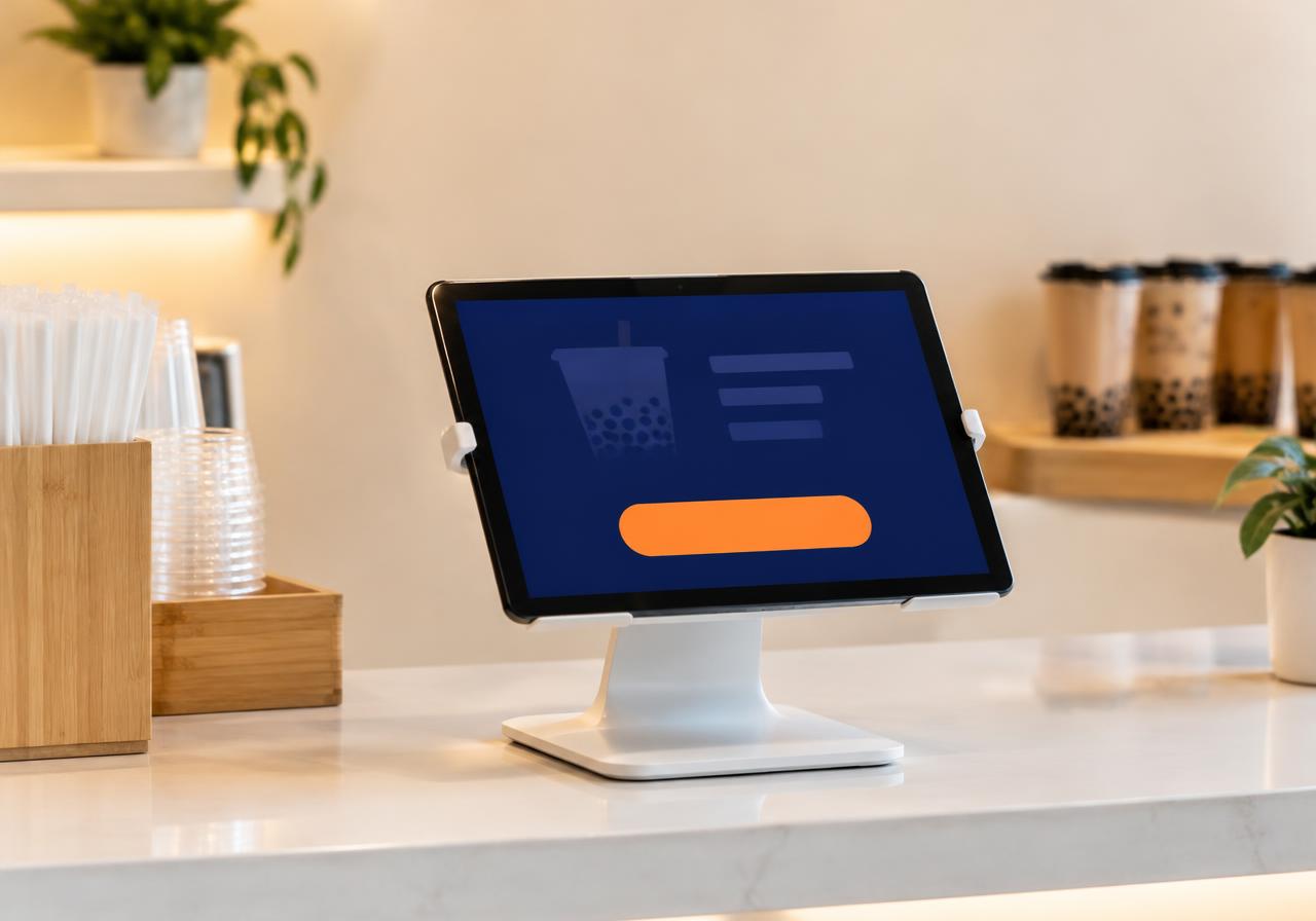 Tablette FoodEatUp Fidélité sur un support de comptoir